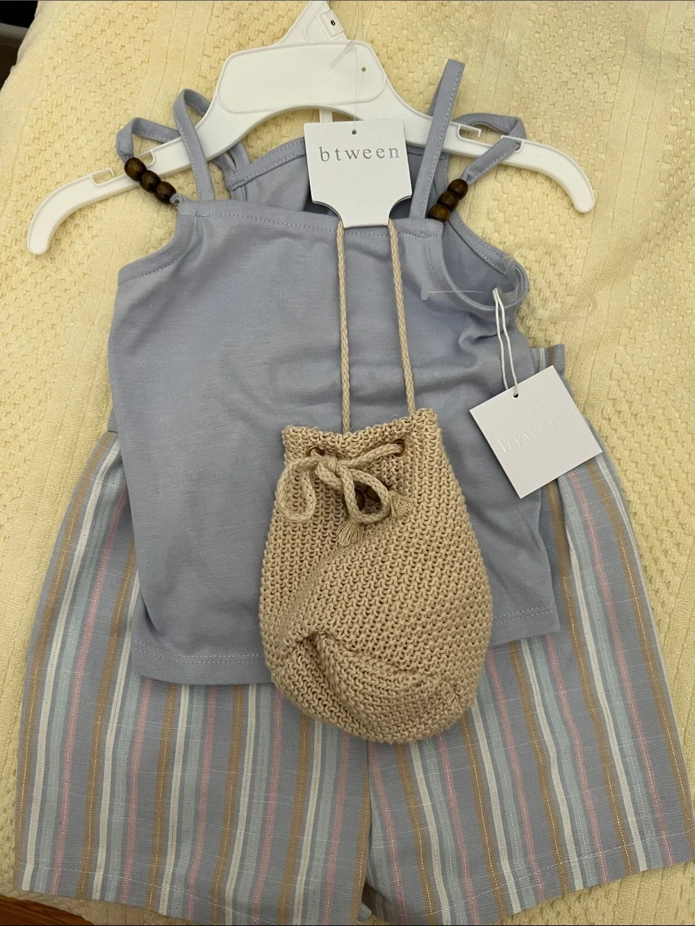 btween Light Blue Girls' Tank Top with Beige Knit Pouch